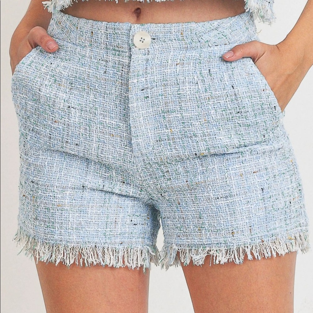 Grace Blue Tweed Raw Hem Shorts - Picture 5 of 6
